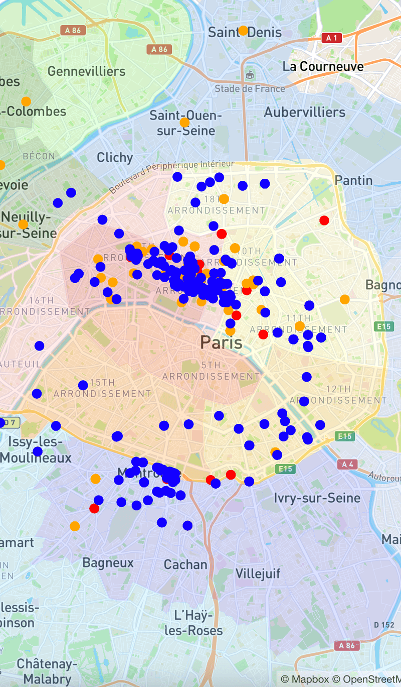 Map of Paris with hundreds of coloured dots representing deals, investment transactions and rent transactions